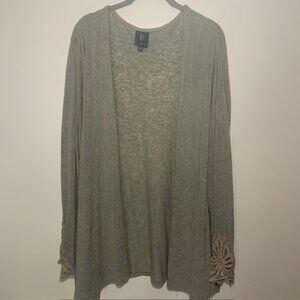 Bobeau Boho Feminine Crochet Detail Open Flowy Muted Sage Cardigan Top- Size 3X